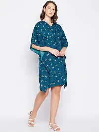 Serein Women's Kaftan Dress (Teal Blue Crepe Printed Kaftan Knee Length Dress with Adjustable Waist String & v-Neck)_X-Large-thumb1