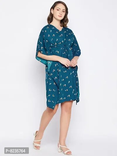 Serein Women's Kaftan Dress (Teal Blue Crepe Printed Kaftan Knee Length Dress with Adjustable Waist String & v-Neck)_X-Large-thumb2
