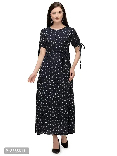 "Serein Women's Georgette Dress (Floral Printed Maxi with Tie-up Short Sleeves and Waist Belt) (Dark Blue, Medium, m)"