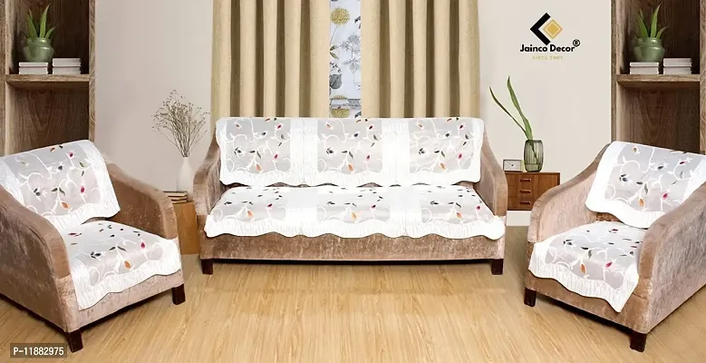 Jainco Decor Floral Leaf Design Cotton Net 5 Seater Sofa Cover and 4 Seater Center Table Cloth ( 3+1+1 | 3+2 , Off White)