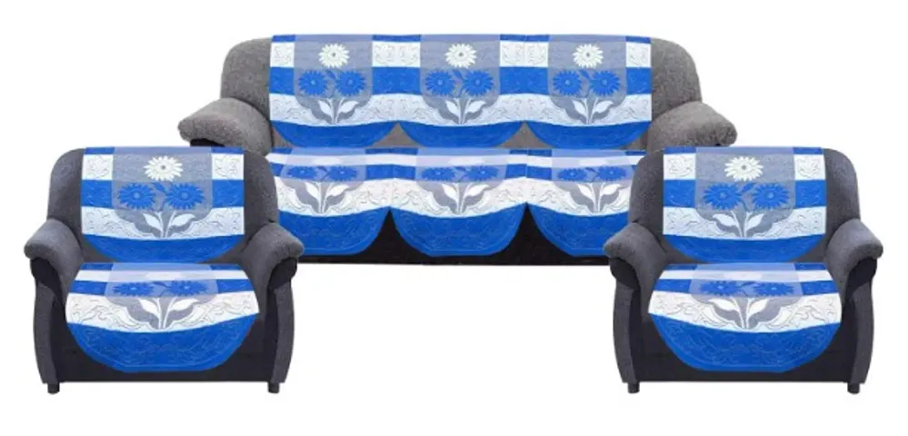 Dakshya Industries Flower Cotton 6 Piece 5 Seater Sofa Cover (Blue)