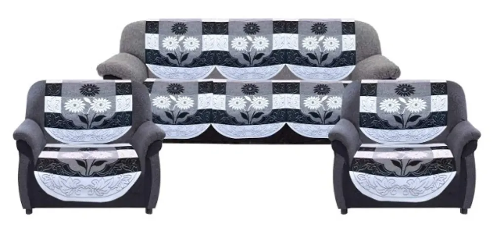 Dakshya Industries Flower Cotton 6 Piece 5 Seater Sofa Cover (Black)