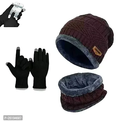 Winter Beanie Hat Scarf and Gloves Set for Men, Double Layer Warmer Fleece Lined Knit Cap for Women Winter Gear PACK OF 1