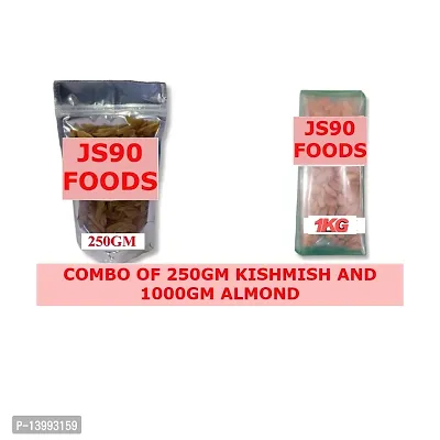 Total Weight 1.250Kg  Combo of  (250GM Raisins , Kishmish)+(1KG Badam Almond) JS90 FOODS