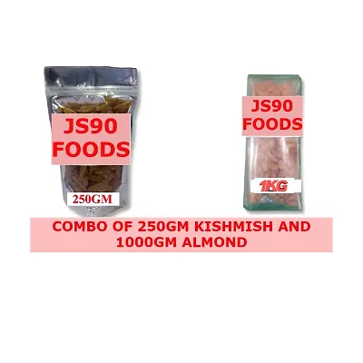 Total Weight 1.250Kg  Combo of  (250GM Raisins , Kishmish)+(1KG Badam Almond) JS90 FOODS