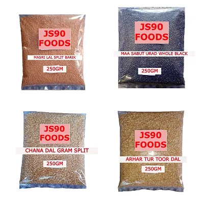 Total 1KG (250Gm each) Arhar Tur Toor + Maa Sabut Urad Whole + Chana Dal Split + Masri Red Split Dal