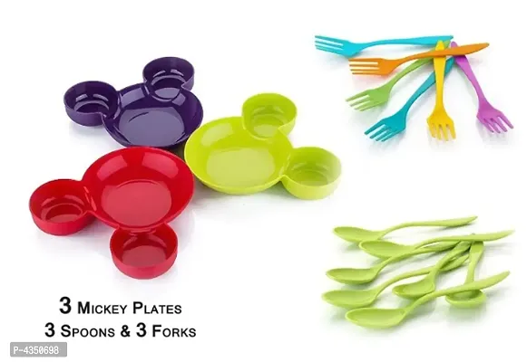 Pack of 3 Plastic Unbreakable Eco Friendly Children Mickey Minnie Shaped Serving Food Plate Free Spoon Fork Set of 3 Mickey Mouse Bowl, Fruit Plate, Baby Cartoon Pie Bowl-thumb0