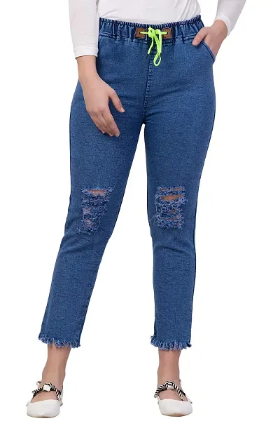 Ira Collection Knee Slit Jogger Jeans for Women (2XL, Blue)