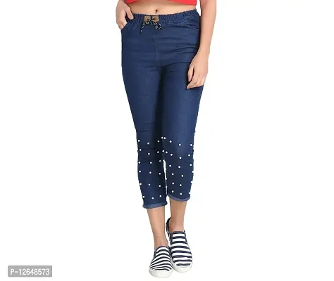 0016-Ira Collection Dark Blue Bottom Pearl Jogger Jeans for Women (XL, Blue)