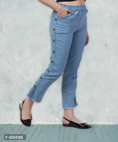 Women Denim Lycra Side Buttoned Light Blue Jogger Jeans-thumb0