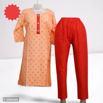 Elegant Peach Cotton Printed Kurta with Pant Set For Women-thumb0