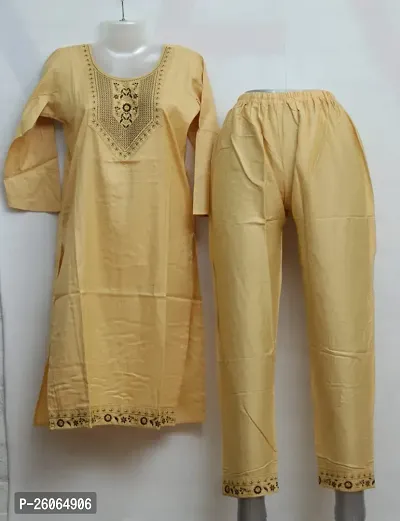 Elegant Yellow Cotton Embroidered Kurta with Pant Set For Women