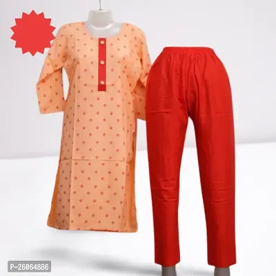 Elegant Peach Cotton Printed Kurta with Pant Set For Women-thumb0