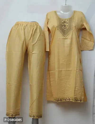 Elegant Yellow Cotton Embroidered Kurta with Pant Set For Women