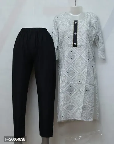 Elegant White Cotton Printed Kurta with Pant Set For Women-thumb0