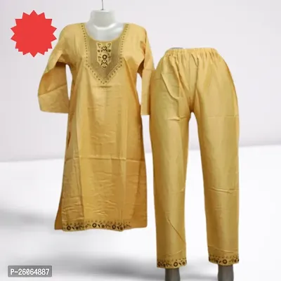 Elegant Yellow Cotton Embroidered Kurta with Pant Set For Women