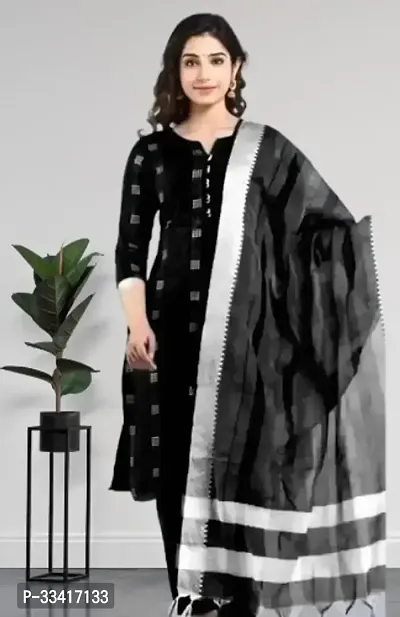 Stylish Black Cotton Kurta With Bottom Wear And Dupatta Set For Women-thumb0