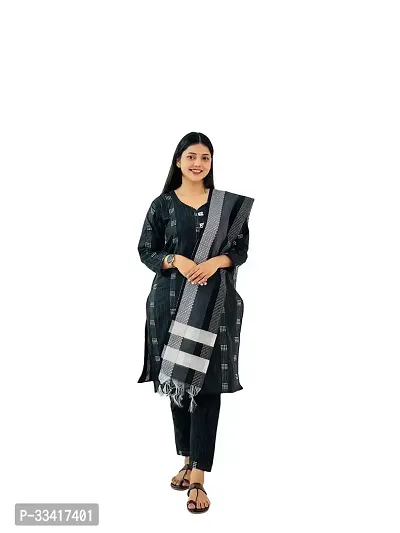 Stylish Black Cotton Kurta With Bottom Wear And Dupatta Set For Women-thumb0