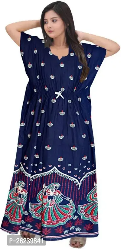 Elegant Blue Cotton Printed Kaftan For Women