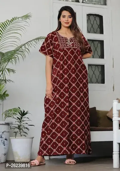 Elegant Maroon Cotton Printed Nighty For Women-thumb0