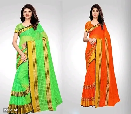 Trendy Multicoloured Woven Design Cotton Blend Saree with Blouse Piece Set Of 2-thumb0