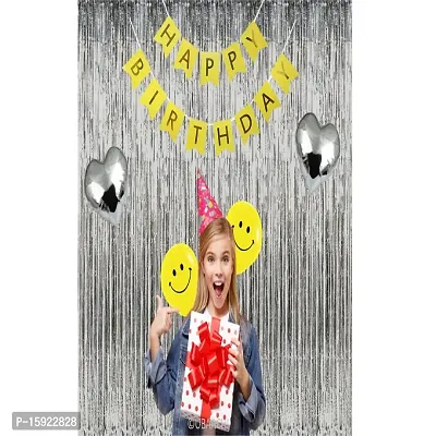 UBAACHI SMILEY FACE BALLOON BIRTHDAY DECORATION COMBO OF 28 FOR KIDS, COUPLES - 1PC HAPPY BIRTHDAY BANNER (13 LETTERS), 23PCS SMILEY FACE  SILVER BALLOONS, 2PC SILVER CURTAIN, 2PCS SILVER HEART FOIL-thumb4