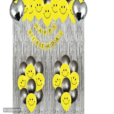 UBAACHI SMILEY FACE BALLOON BIRTHDAY DECORATION COMBO OF 28 FOR KIDS, COUPLES - 1PC HAPPY BIRTHDAY BANNER (13 LETTERS), 23PCS SMILEY FACE  SILVER BALLOONS, 2PC SILVER CURTAIN, 2PCS SILVER HEART FOIL