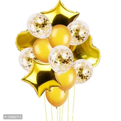 UBAACHI BIRTHDAY GOLD COMBO 35PCS WITH STAR ?FOR WIFE, KIDS, HUSBAND, COUPLES FOR BIRTHDAY DECORATION (2PC GOLD HEART +3PC GOLD STAR FOIL BALLOON +5PCS GOLD CONFETTI BALLOON +25 PCS GOLD BALLOONS)