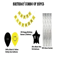 UBAACHI SMILEY FACE BALLOON BIRTHDAY DECORATION COMBO OF 28 FOR KIDS, COUPLES - 1PC HAPPY BIRTHDAY BANNER (13 LETTERS), 24PCS SMILEY FACE  BLACK BALLOONS, 1PC SILVER CURTAIN, 2PCS BLACK STAR FOIL-thumb1