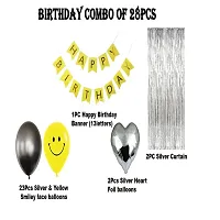 UBAACHI SMILEY FACE BALLOON BIRTHDAY DECORATION COMBO OF 28 FOR KIDS, COUPLES - 1PC HAPPY BIRTHDAY BANNER (13 LETTERS), 23PCS SMILEY FACE  SILVER BALLOONS, 2PC SILVER CURTAIN, 2PCS SILVER HEART FOIL-thumb1