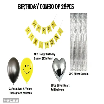 UBAACHI SMILEY FACE BALLOON BIRTHDAY DECORATION COMBO OF 28 FOR KIDS, COUPLES - 1PC HAPPY BIRTHDAY BANNER (13 LETTERS), 23PCS SMILEY FACE  SILVER BALLOONS, 2PC SILVER CURTAIN, 2PCS SILVER HEART FOIL-thumb2