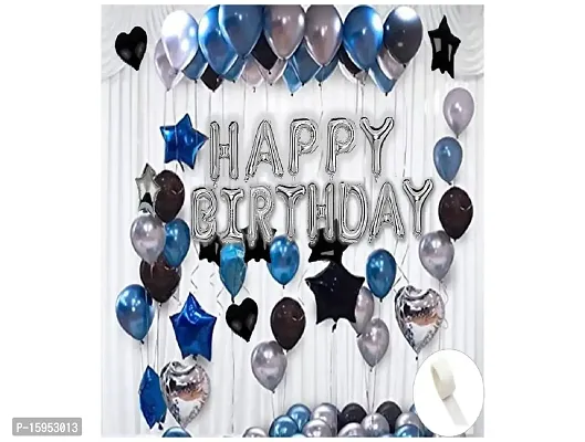 UBAACHI SHINY BLUE  BLACK PREMIUM BIRTHDAY COMBO OF 56PCS FOR BOYS,GIRL,KIDS,COUPLE +1PC SILVER BIRTHDAY FOIL, 50 PCS SILVER BLACK  BLUE BALLOONS,4PCS BLACKS  SILVER FOIL B (2 PCS HEART2PCS STAR).