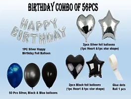 UBAACHI SHINY BLUE  BLACK PREMIUM BIRTHDAY COMBO OF 56PCS FOR BOYS,GIRL,KIDS,COUPLE +1PC SILVER BIRTHDAY FOIL, 50 PCS SILVER BLACK  BLUE BALLOONS,4PCS BLACKS  SILVER FOIL B (2 PCS HEART2PCS STAR).-thumb1