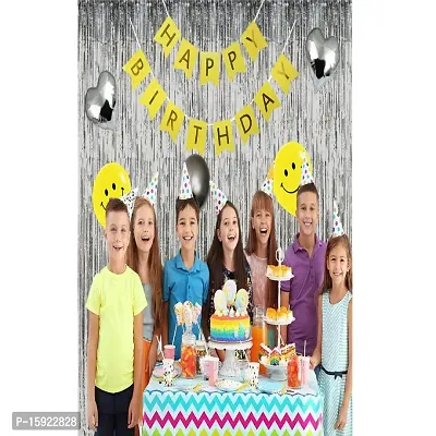 UBAACHI SMILEY FACE BALLOON BIRTHDAY DECORATION COMBO OF 28 FOR KIDS, COUPLES - 1PC HAPPY BIRTHDAY BANNER (13 LETTERS), 23PCS SMILEY FACE  SILVER BALLOONS, 2PC SILVER CURTAIN, 2PCS SILVER HEART FOIL-thumb5