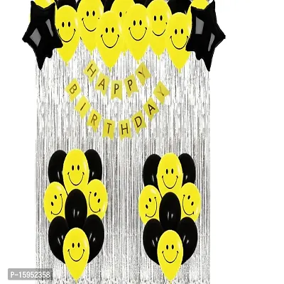 UBAACHI SMILEY FACE BALLOON BIRTHDAY DECORATION COMBO OF 28 FOR KIDS, COUPLES - 1PC HAPPY BIRTHDAY BANNER (13 LETTERS), 24PCS SMILEY FACE  BLACK BALLOONS, 1PC SILVER CURTAIN, 2PCS BLACK STAR FOIL