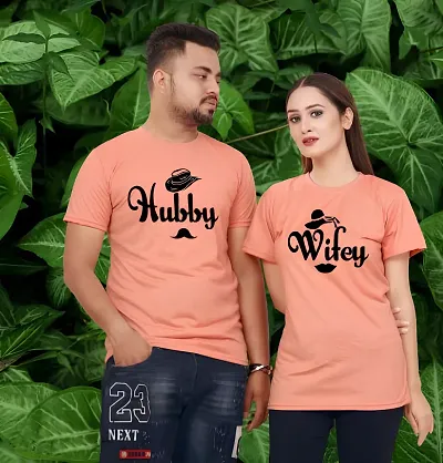 DEE LEAF Hubby-Wifey Matching Half Sleeve Couple Tshirt