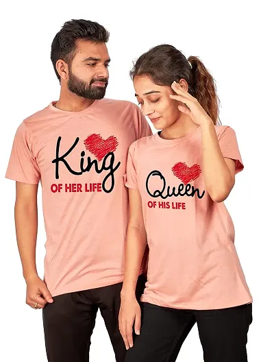 Cotton Blend Printed Round Neck Tees For Couples- 2 Pieces