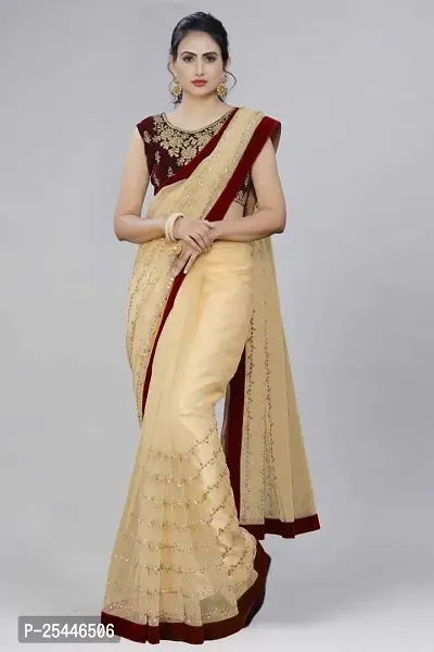 Elegant Beige Velvet Saree with Blouse piece