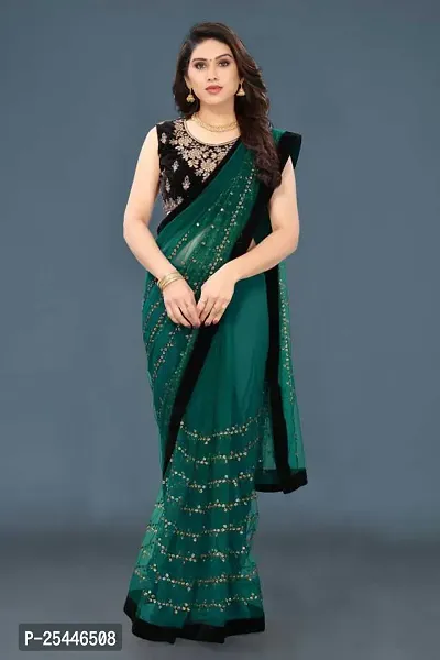 Elegant Green Velvet Saree with Blouse piece-thumb0