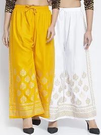 Sompal Traders Set of 2 Golden Block Print Rayon Palazzo Pants Combo for Women and Girls (Mustard & White, 32)-thumb2