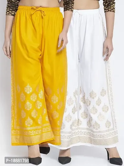 Sompal Traders Set of 2 Golden Block Print Rayon Palazzo Pants Combo for Women and Girls (Mustard & White, 32)-thumb3