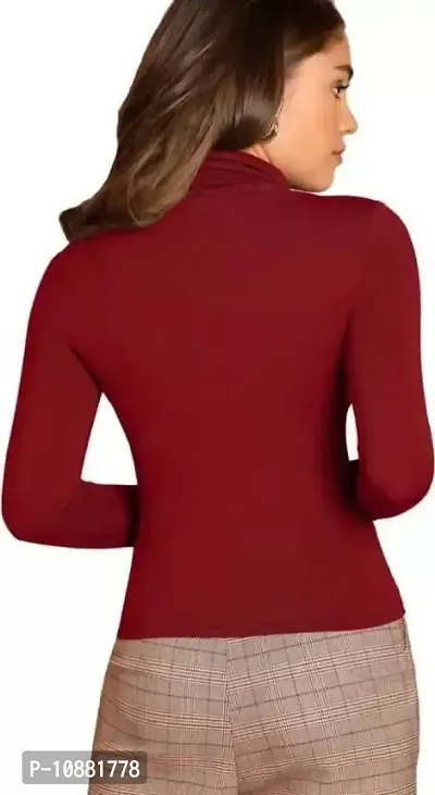 Sompal Traders Women's Solid Double Fold High Neck Full Sleeve Top (Maroon, M)-thumb2