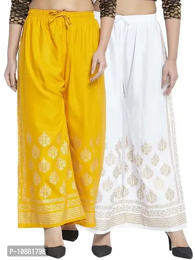 Sompal Traders Set of 2 Golden Block Print Rayon Palazzo Pants Combo for Women and Girls (Mustard & White, 32)-thumb0