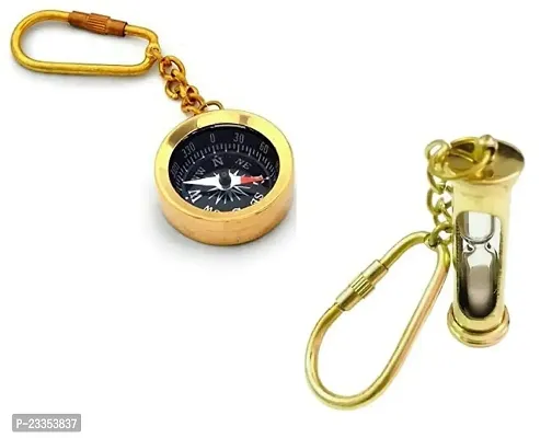 PINK GALAXY Brass Magnetic Direction Compass Keychain and Brass Sand Timer Hourglass Keychain Set of 2