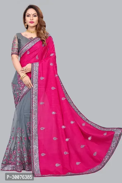 Beautiful Pink Net Women Saree with Blouse piece