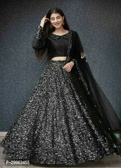 Stylish Black Silk Blend Embroidered Lehenga Choli with Dupatta For Women-thumb0