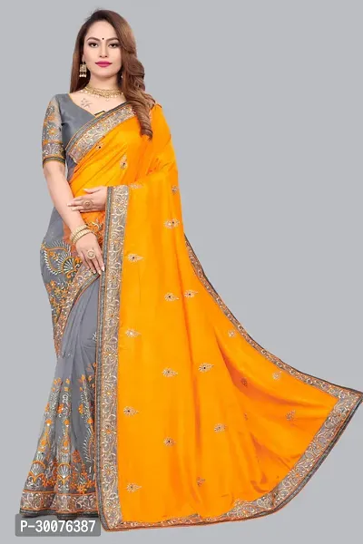 Beautiful Mustard Net Women Saree with Blouse piece-thumb0