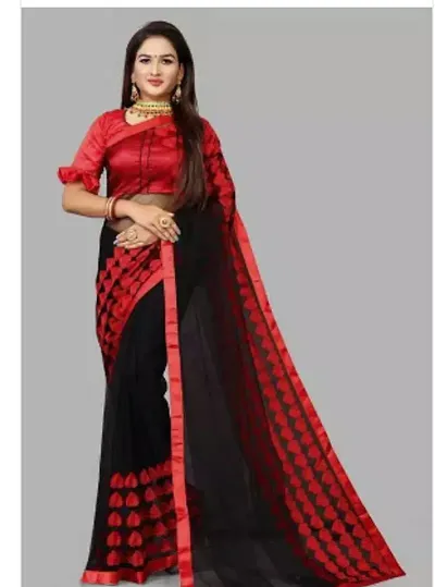 NILKANTH ENTERPRISE Womens Net::Silk Blend Applique Plain Titli-5-Black Saree Black Saree