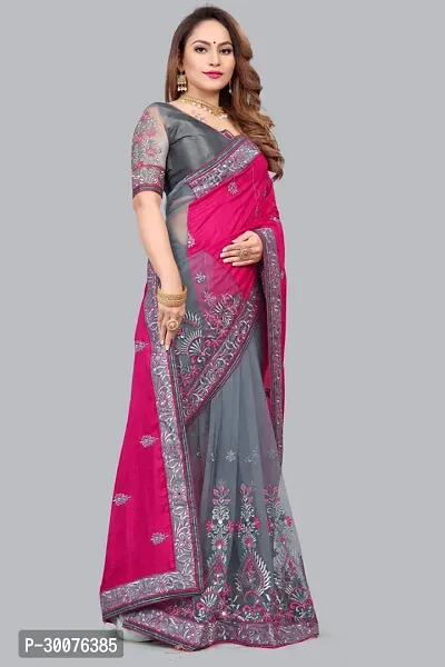 Beautiful Pink Net Women Saree with Blouse piece-thumb4