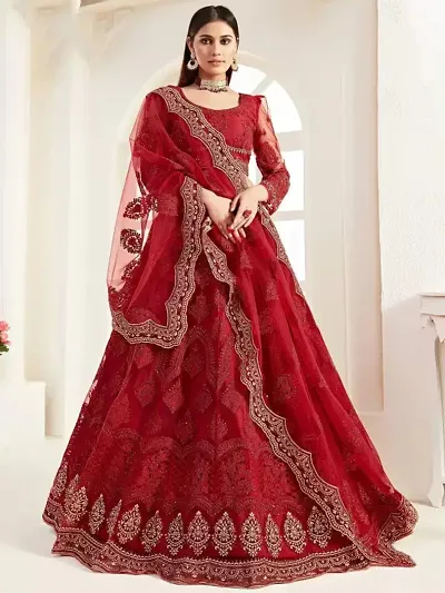 Red Net Embroidery Handwork Lehenga